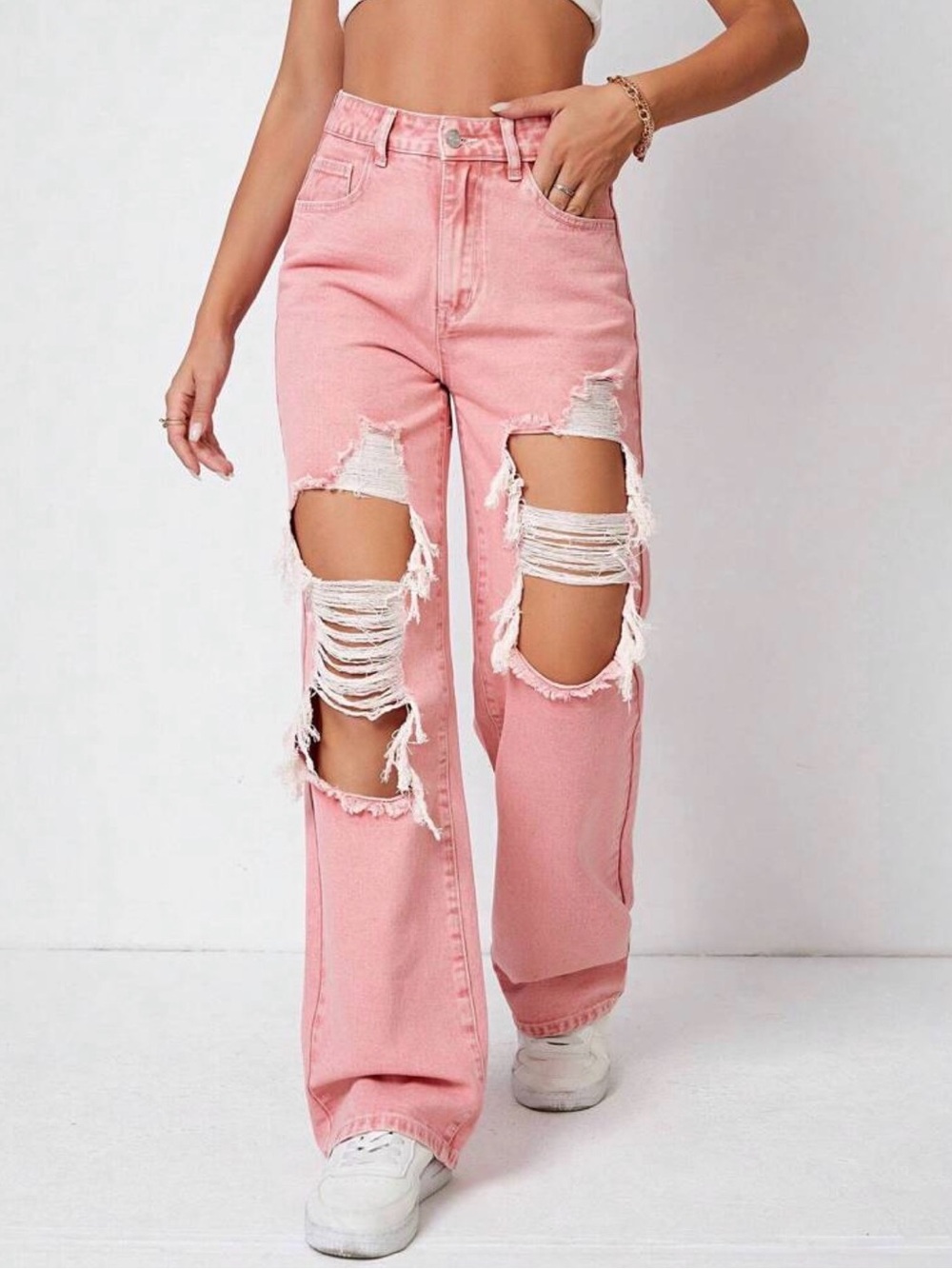 SHEIN Pink Distressed Wide-Leg Jeans